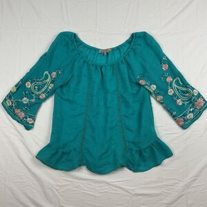 Figueroa And Flower Teal Embroidered Peasant Blouse Medium Boho Festival Top